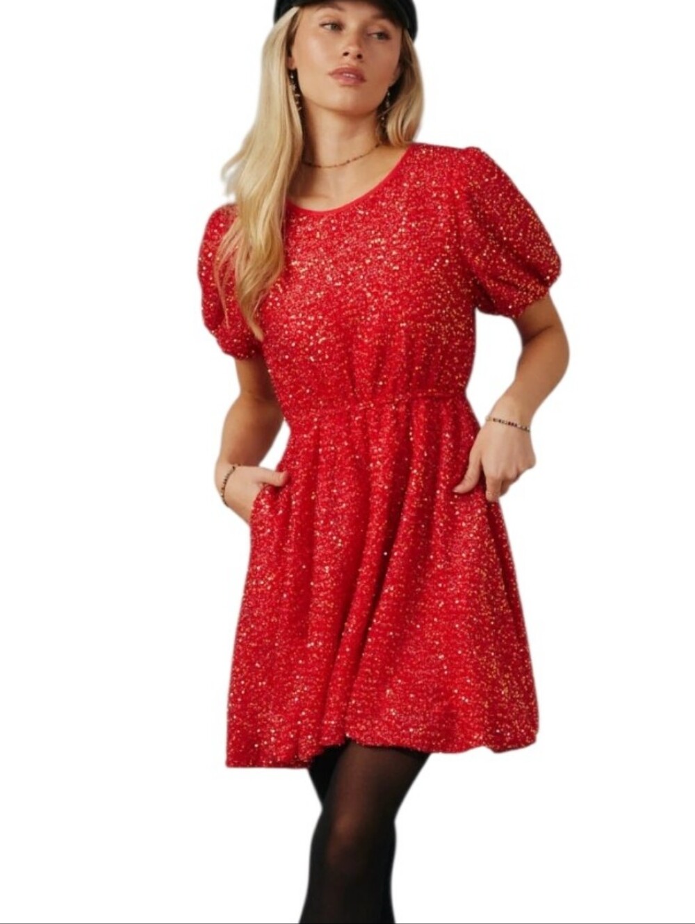 Nwt Hayden Red Sequin Pudd Sleeve Scoopneck Elastic Waist Party Dress